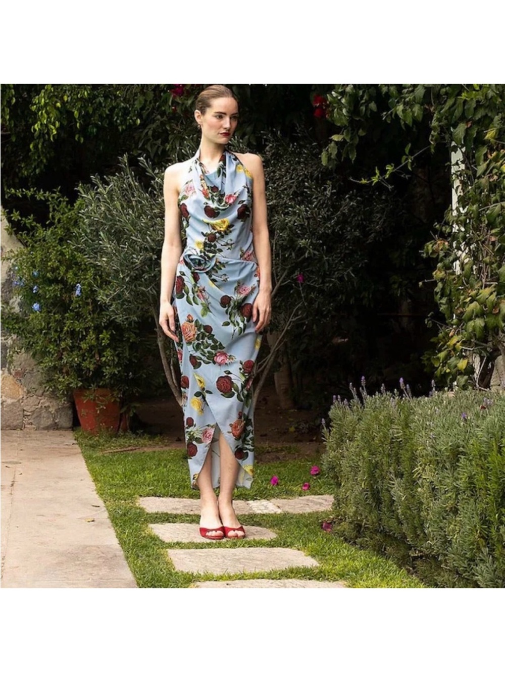 Light Blue Floral Halter Midi Dress